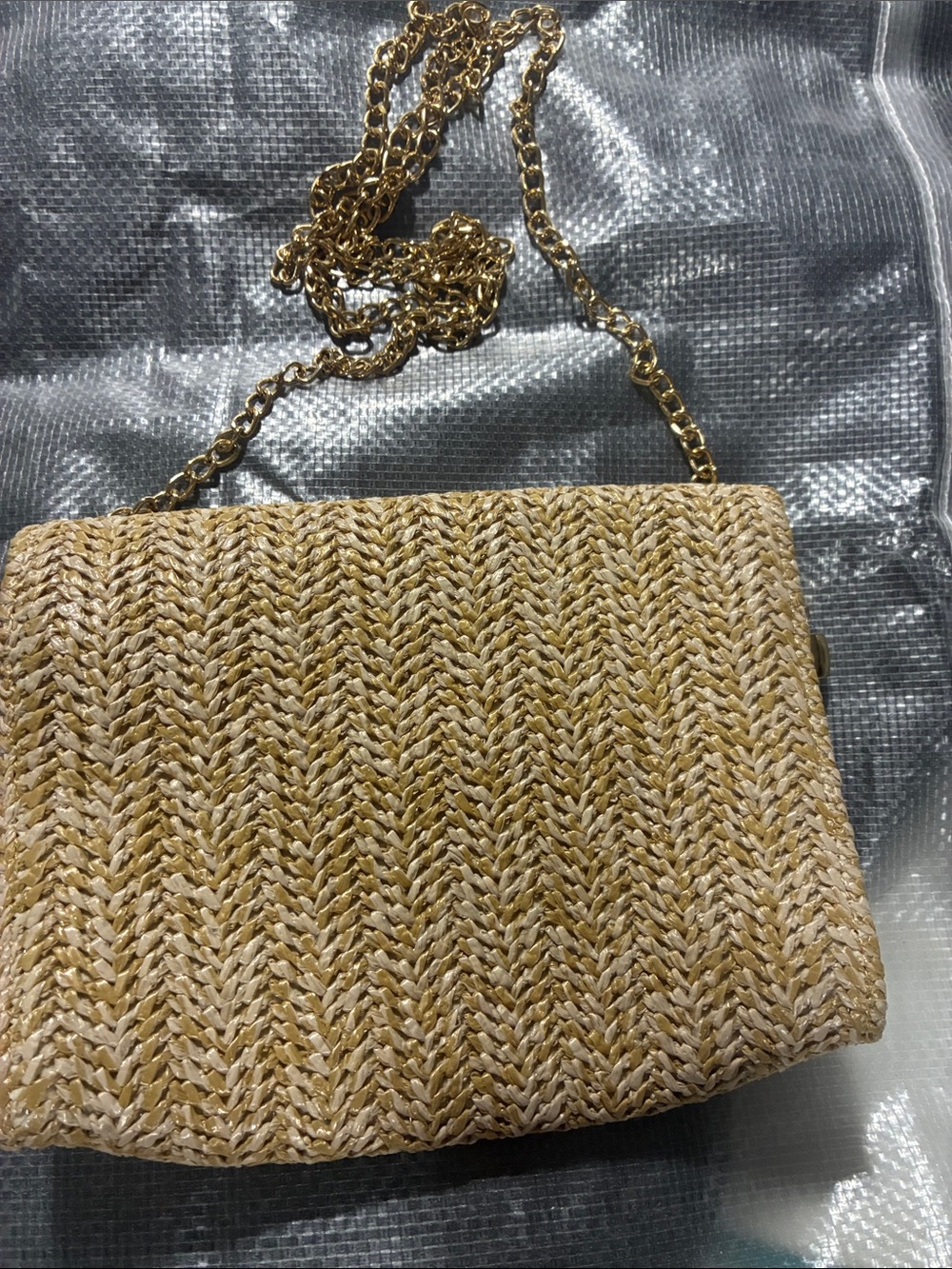 Woven Beige Crossbody Bag with Gold Bar and Chain - Picture 2 of 6